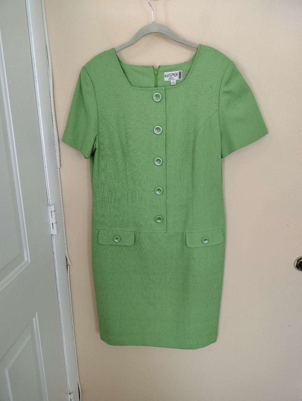 Vintage Kasper ASL Green Figure Flattering Lined Dress 14 Office Career